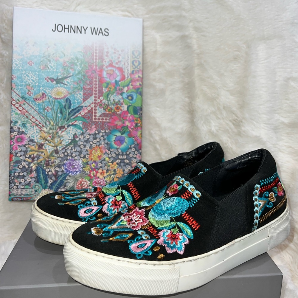 Johnny Was Embroidered Slip-on Sneaker- Black/ multicolored- EU Size 39
